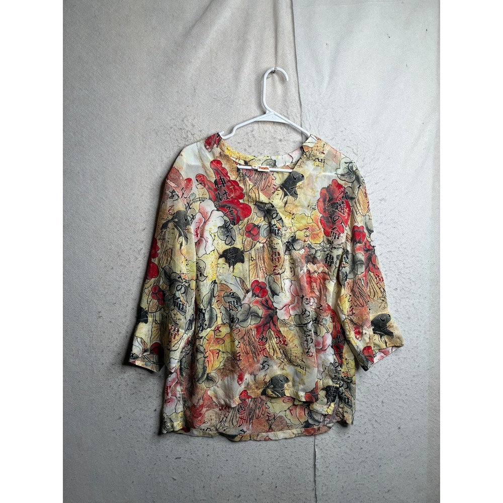 Tianello Japanese Geisha Floral Print Blouse Top Red Yellow 3/4 Sleeve USA Made